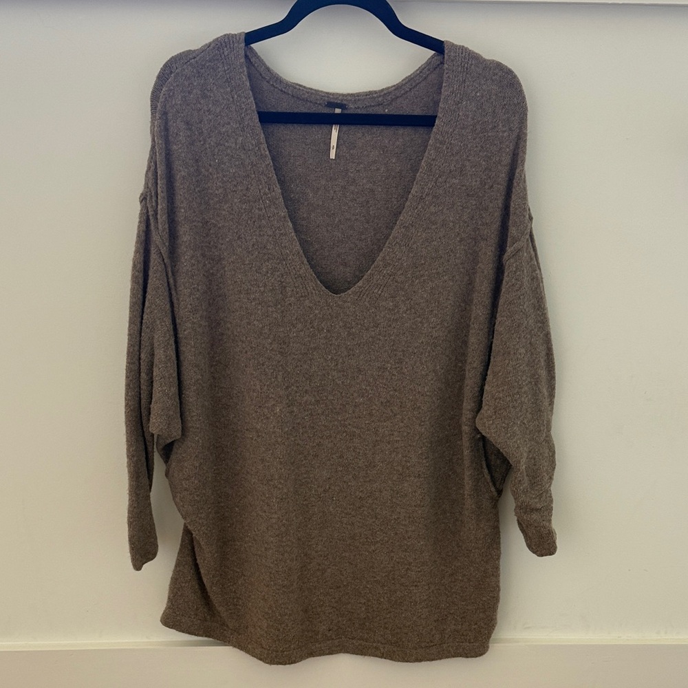 Free People Oversized Taupe V-Neck Sweater